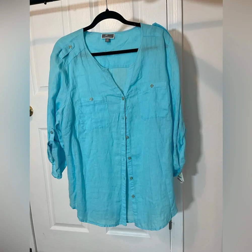 JM Collection Turquoise Button-Down Shirt - Picture 1 of 7